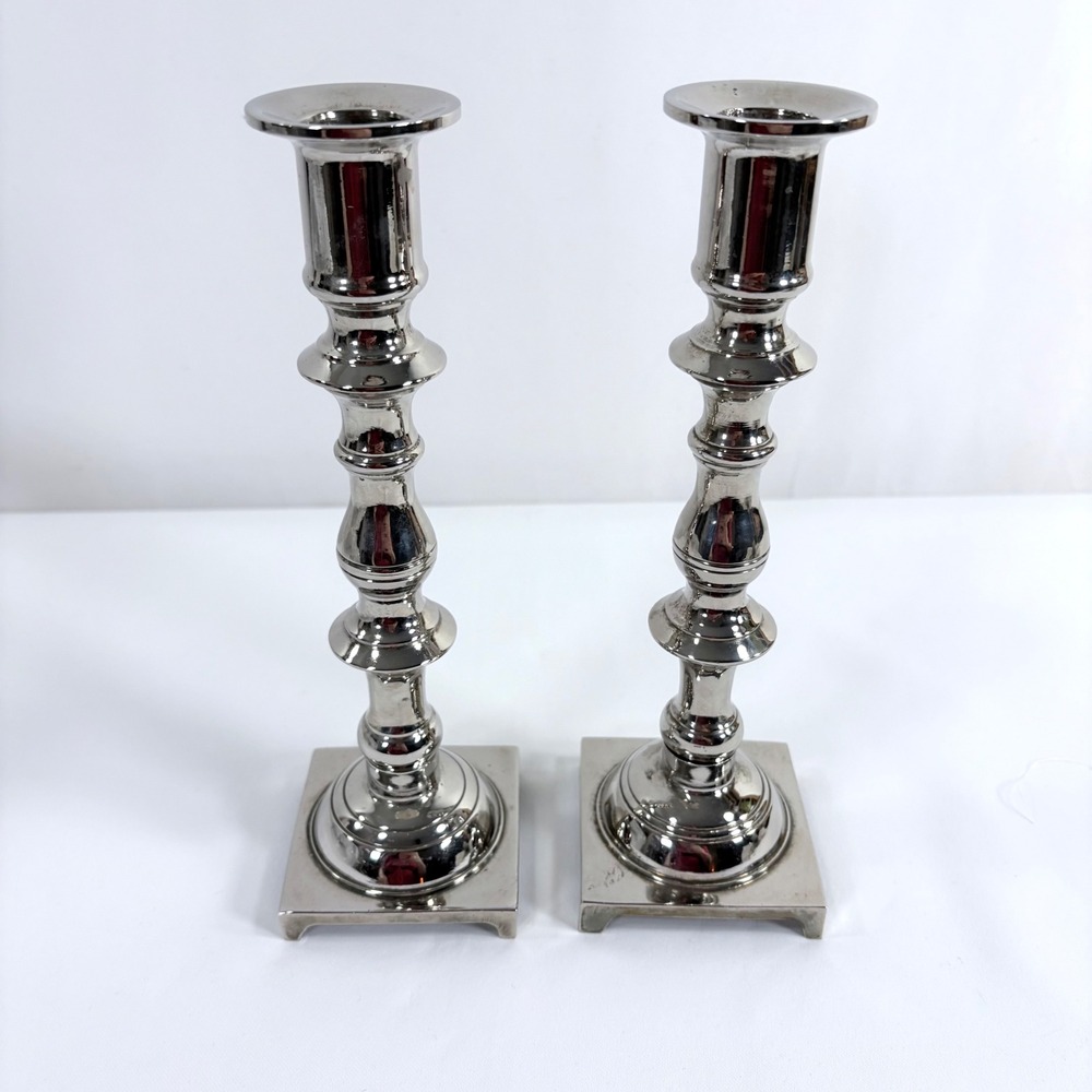 Vintage LouisXVI Style Candlesticks Silver Plated Brass 9" Square Base Hong Kong